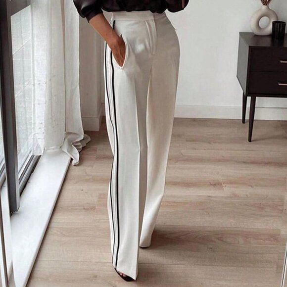 Pants - White Casual Women's Striped Pocket Loose Straight Leg Pants